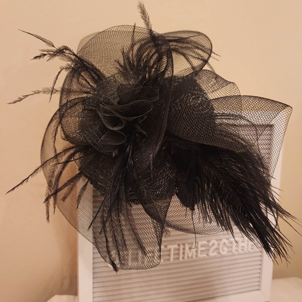 Tulle, Feathers, Silver Velvet Fascinator with Velvet Headband